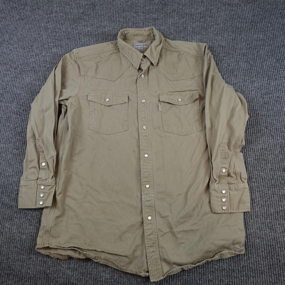 Carhartt Pearl Snap Shirt Mens XL Beige Western Button Long Sleeve S209 KHI